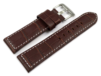 Watch strap - genuine leather - croco - dark brown white stitching - 22mm 24 mm