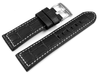 Watch strap - genuine leather - croco - black white stitching - 22mm 24 mm