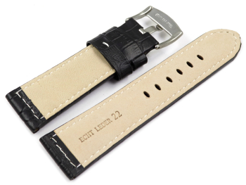 Watch strap - genuine leather - croco - black white stitching - 22mm 24 mm