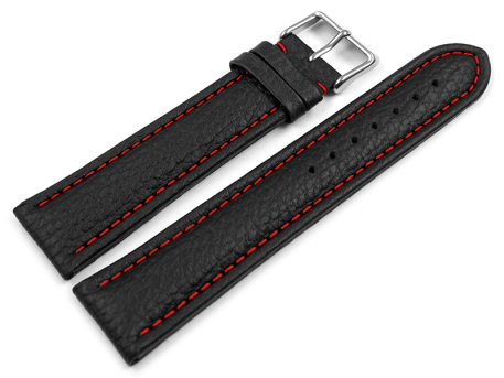 Watch strap genuine leather padded grained black with red...